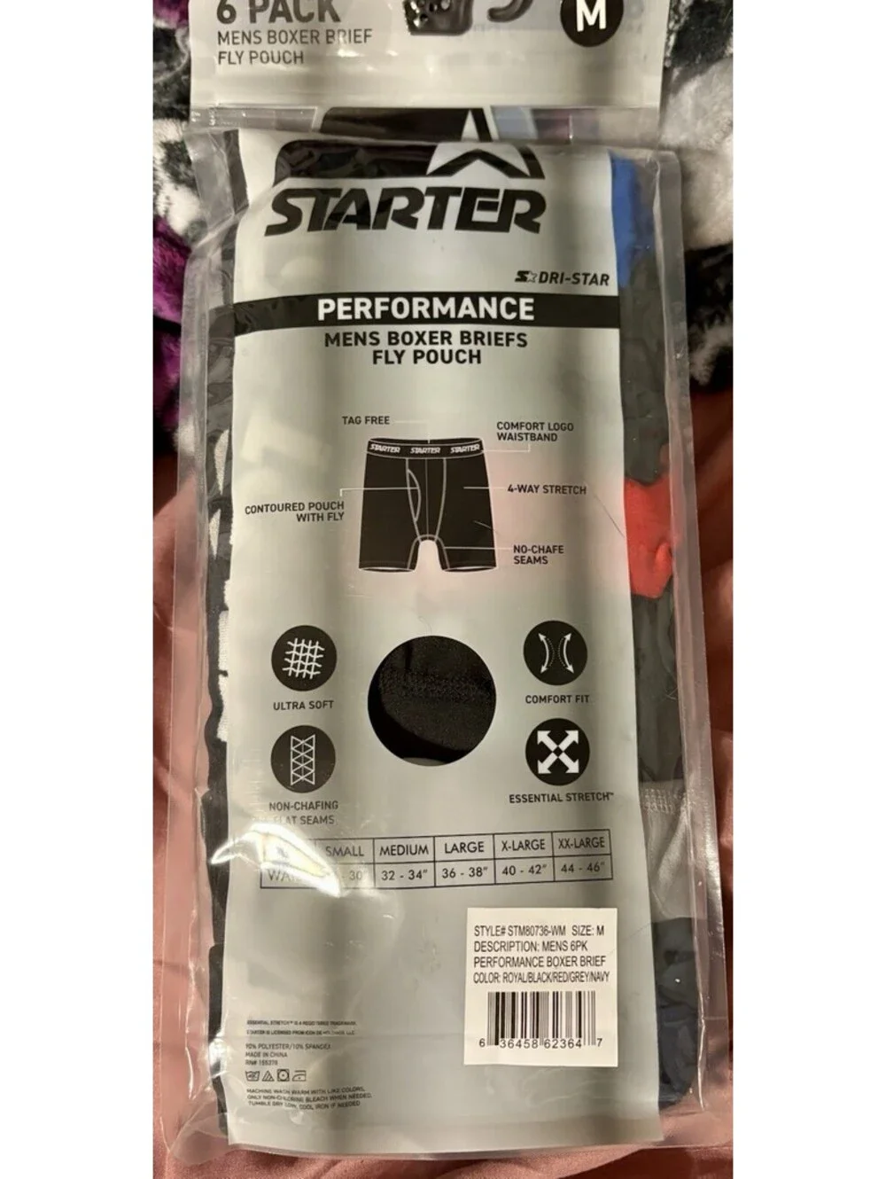 Starter Mens Boxer Briefs Active Performance Breathable Underwear 6-Pack Sz M